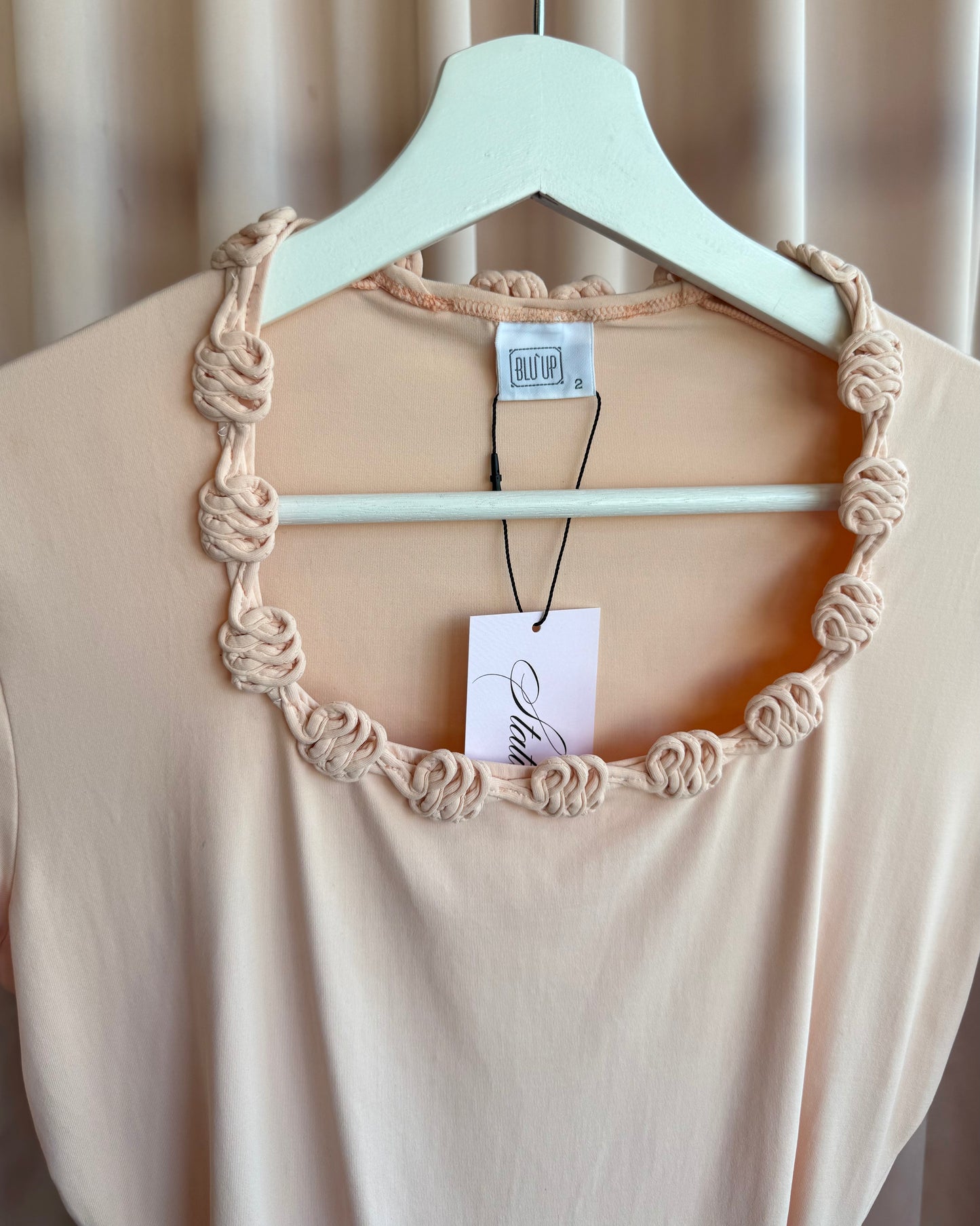 Italian Made Twist Knot Trim Neckline Short Sleeve Peach Bodysuit