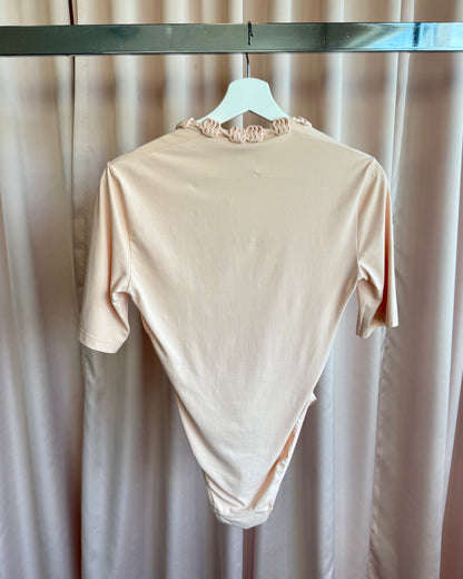 Italian Made Twist Knot Trim Neckline Short Sleeve Peach Bodysuit
