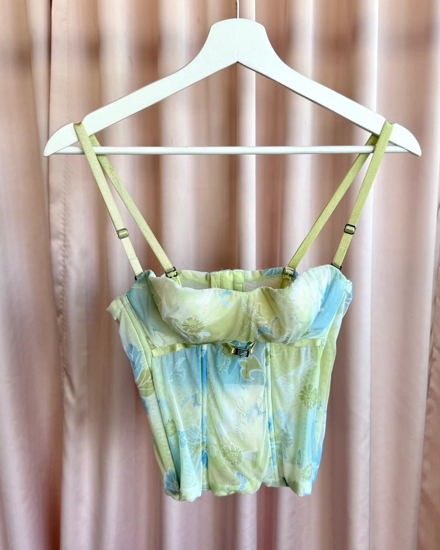 Italian Brand Pastel Green & Blue Printed Mesh Bustier Top