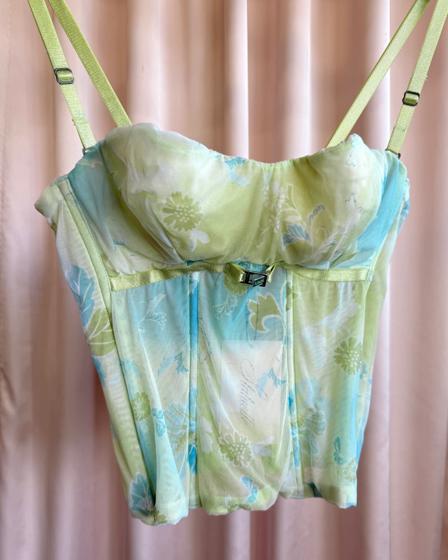 Italian Brand Pastel Green & Blue Printed Mesh Bustier Top