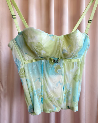 Italian Brand Pastel Green & Blue Printed Mesh Bustier Top