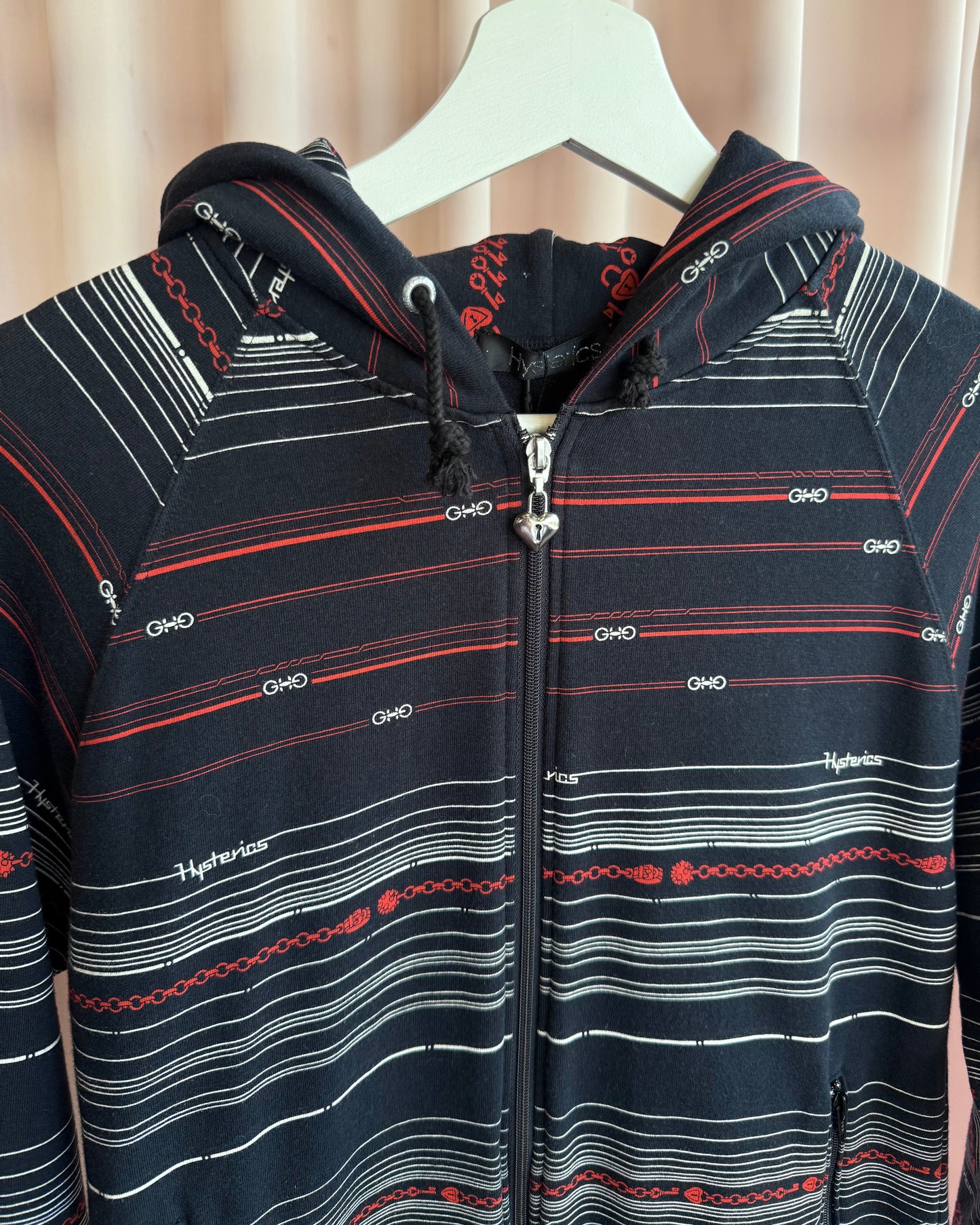 Hysteric Glamour Navy & Red Striped Heart Lock Zip Up Hoodie