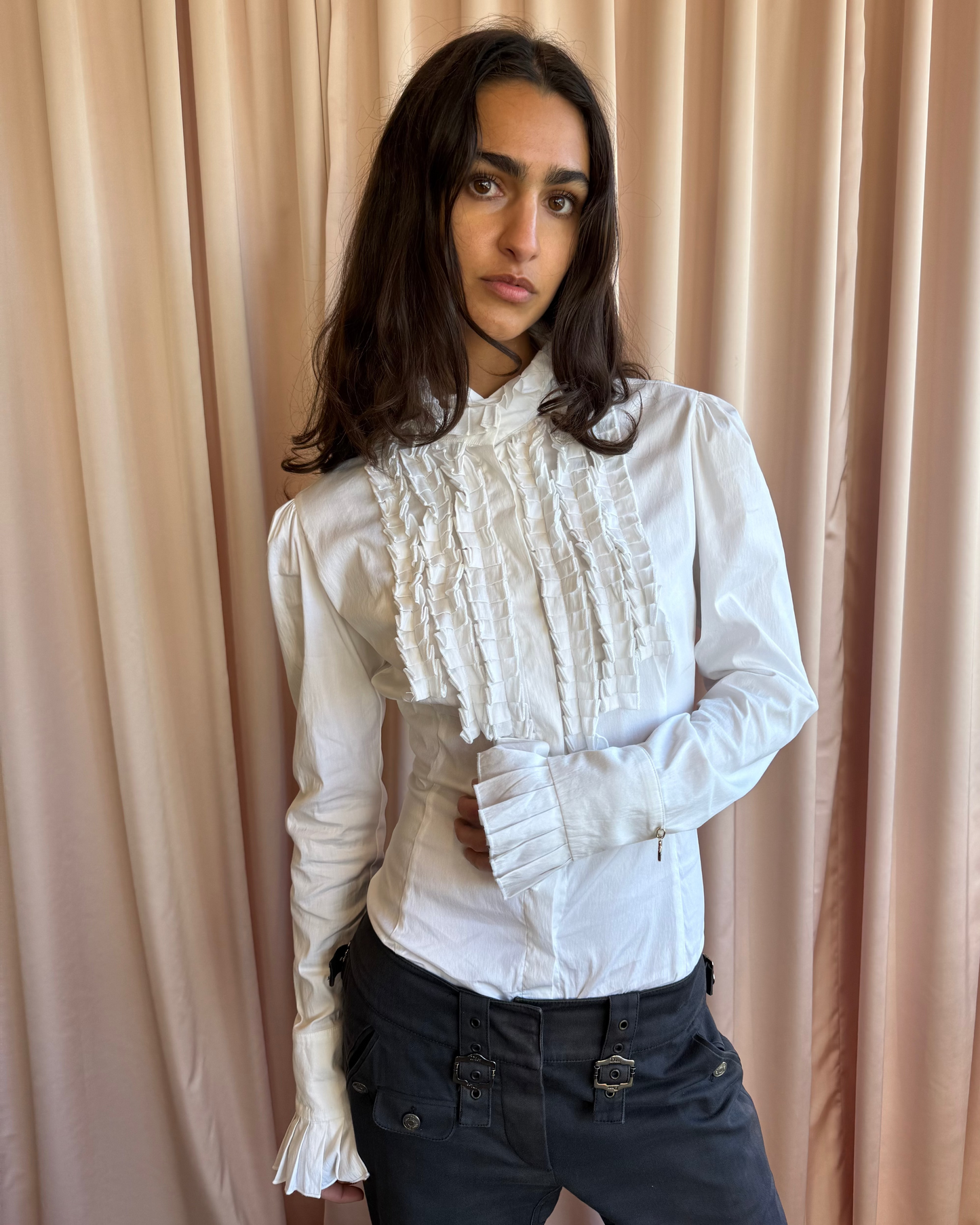 Italian Brand White Ruffled Long Sleeve Shirt Bodysuit