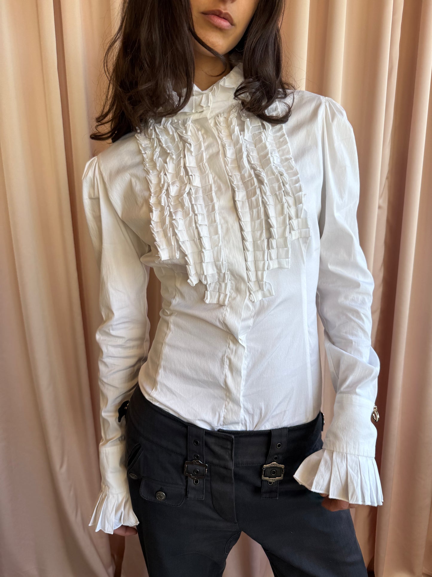 Italian Brand White Ruffled Long Sleeve Shirt Bodysuit