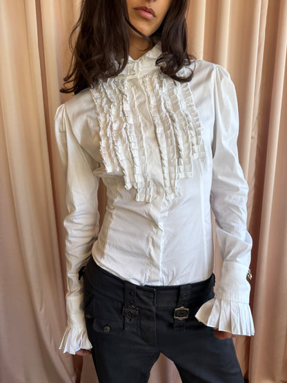 Italian Brand White Ruffled Long Sleeve Shirt Bodysuit