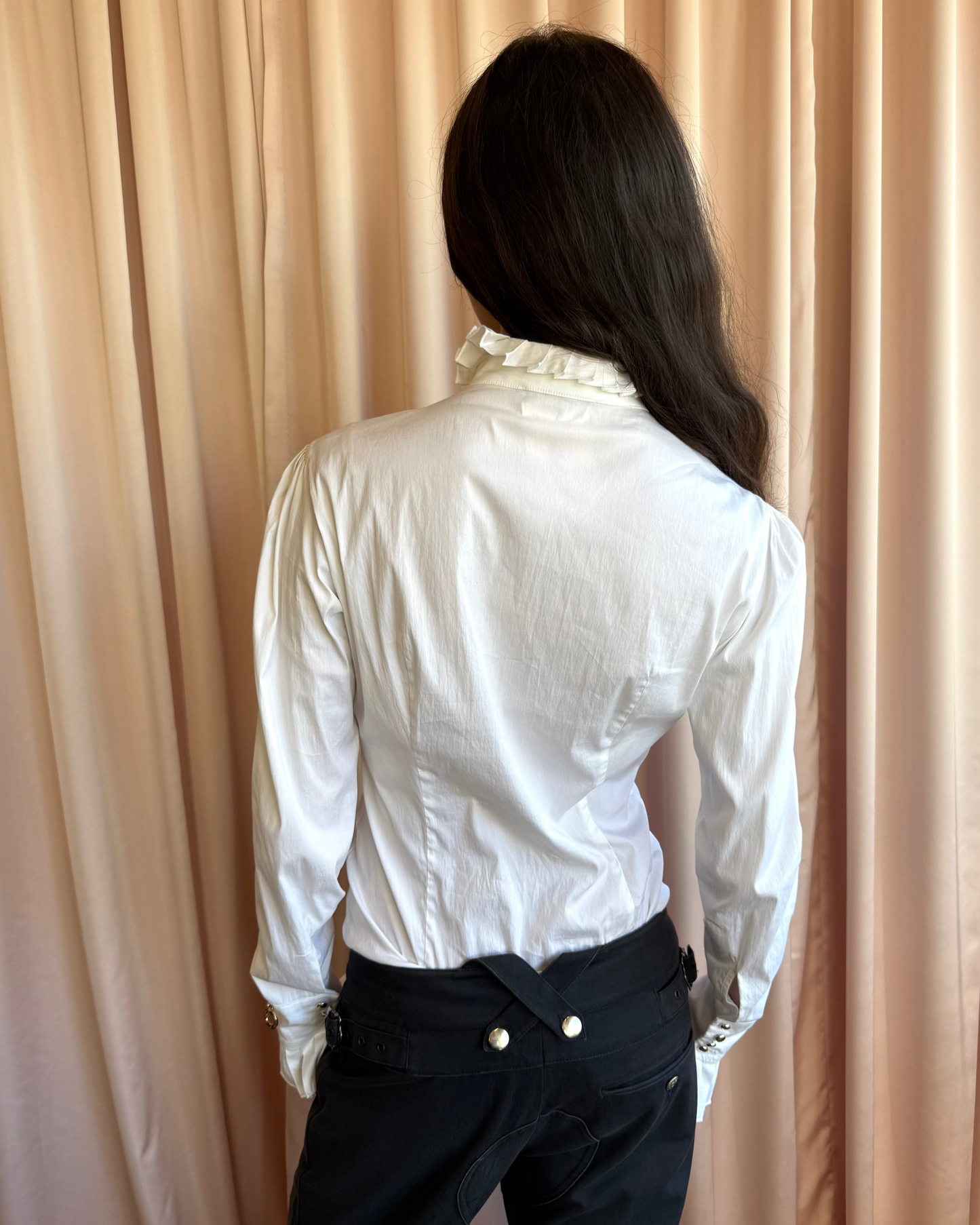 Italian Brand White Ruffled Long Sleeve Shirt Bodysuit