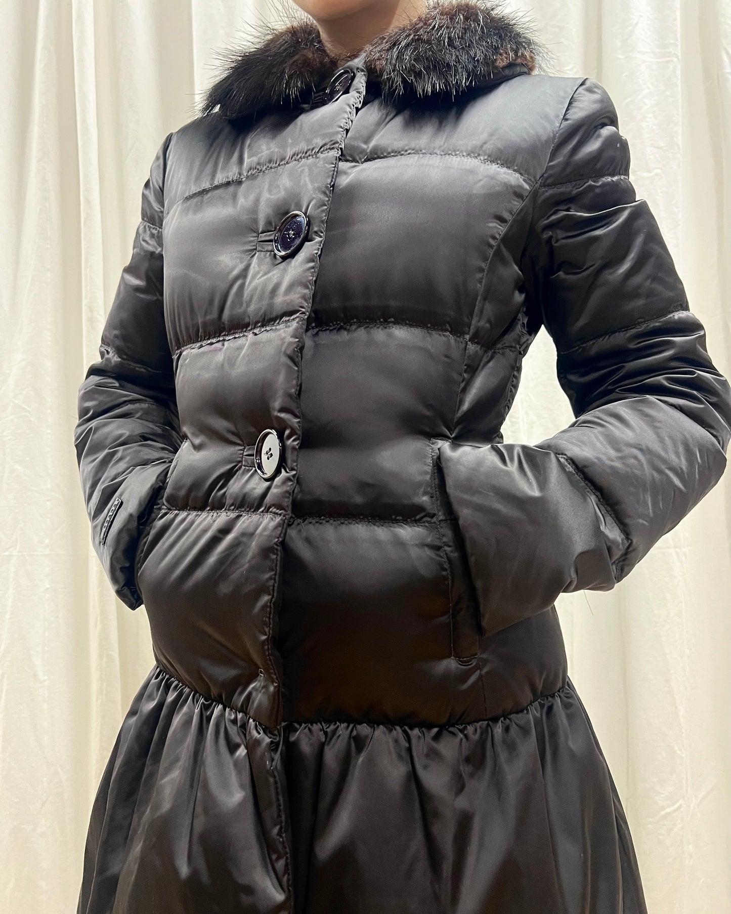 Prada 2010 Nylon Down Beaver Fur Collar Puffer Coat